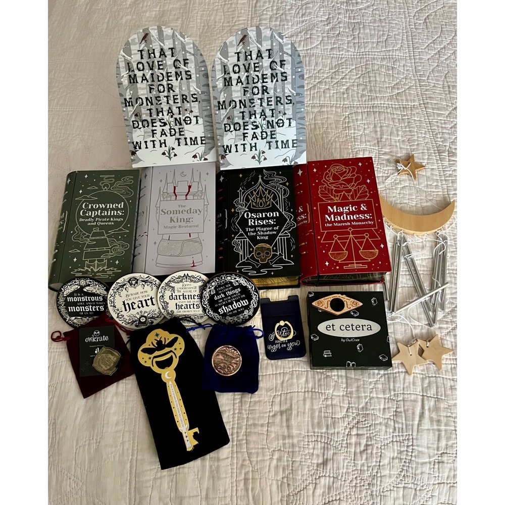 OwlCrate Exclusive Bookish Bundle Shades of Magic Tins Bookends Coins Wind Chime